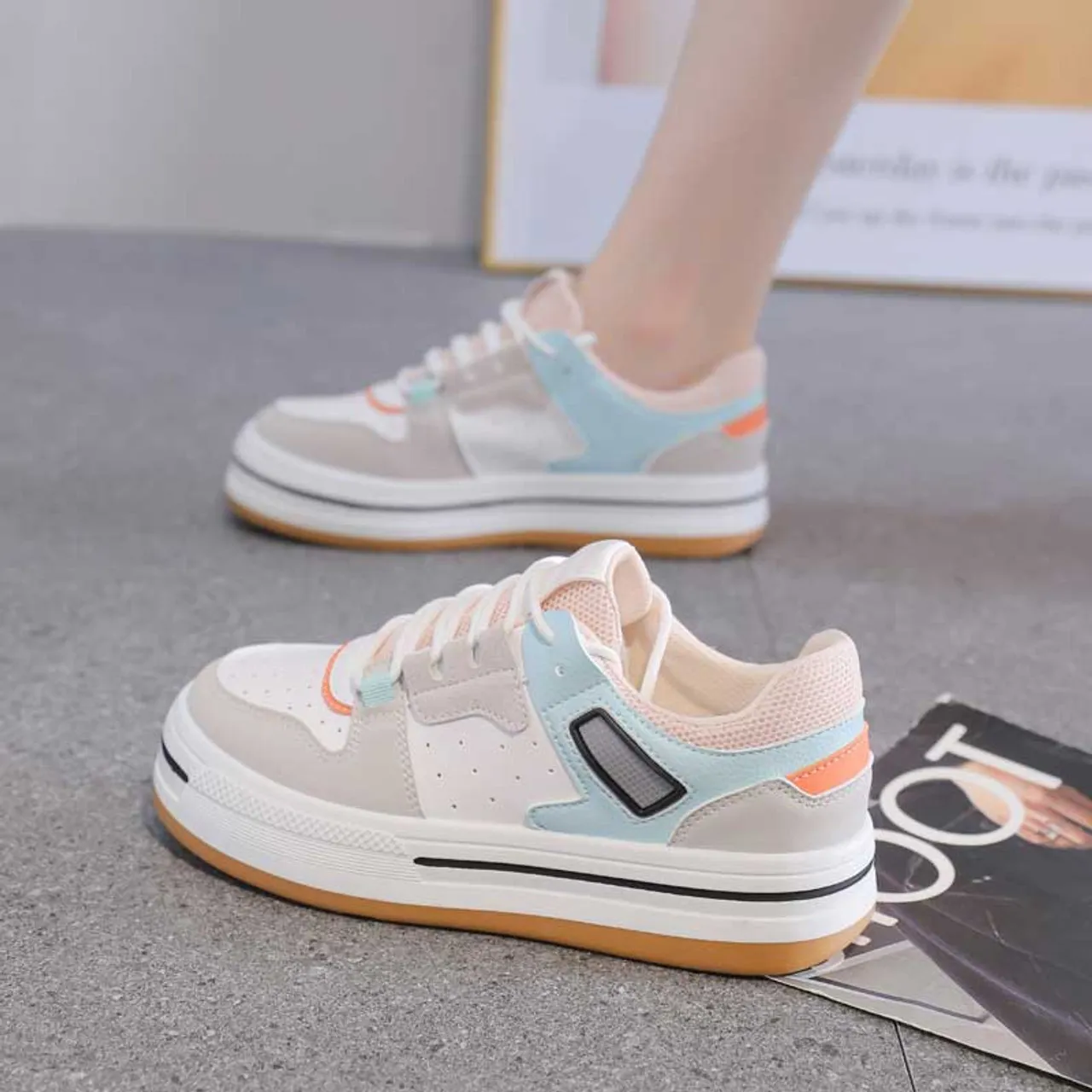 White casual multi color platform shoe sneaker