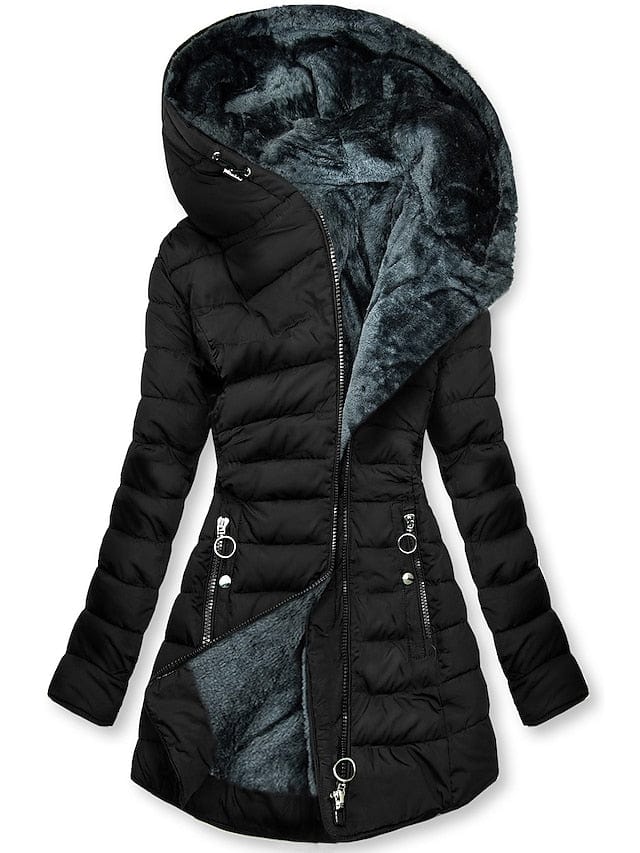 Women's Black Puffer Jacket with Windproof Design and Zipper Hoodie